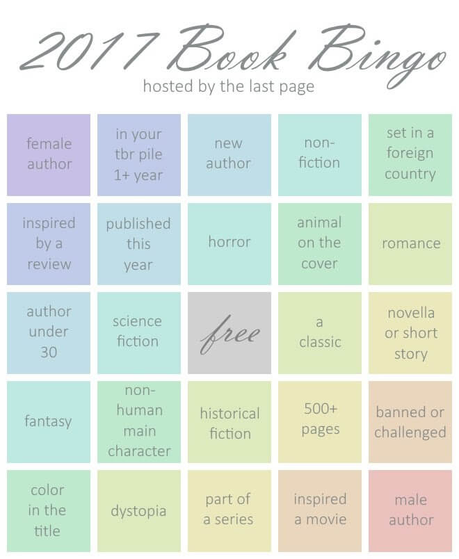 2017 Book Bingo image (list below includes squares' content and the books that correspond to them)