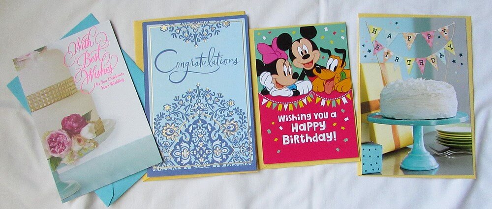 Four greeting cards: wedding, congratulations, two birthday