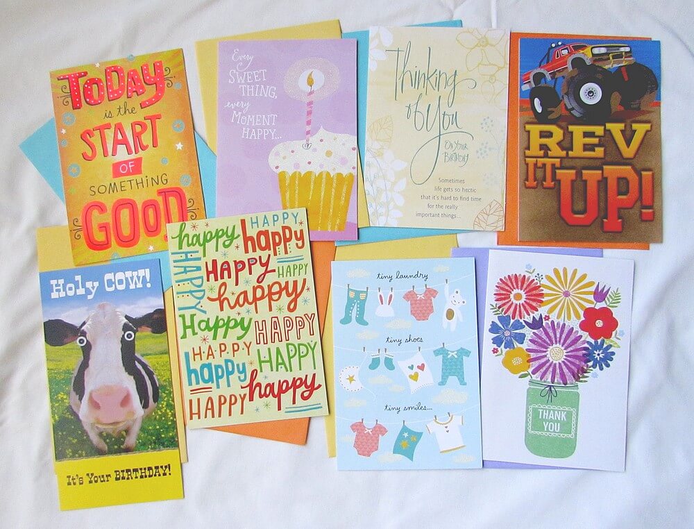 Eight greeting cards of various types