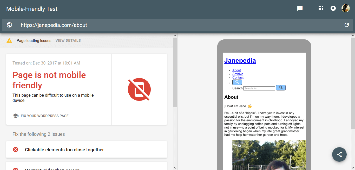Screenshot of Janepedia failing Google's Mobile-Friendly Test