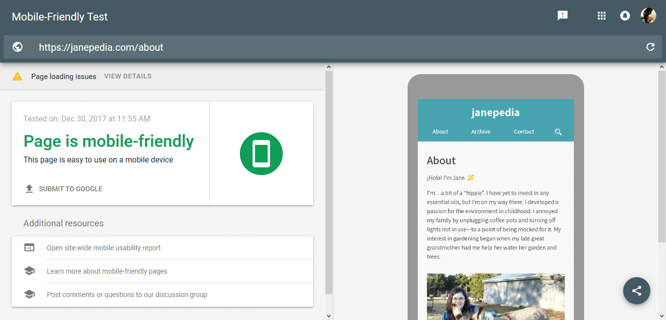 Screenshot of Janepedia passing Google's Mobile-Friendly Test