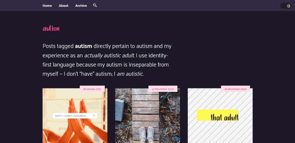 Screenshot of dark version of autism tag page of That Adult