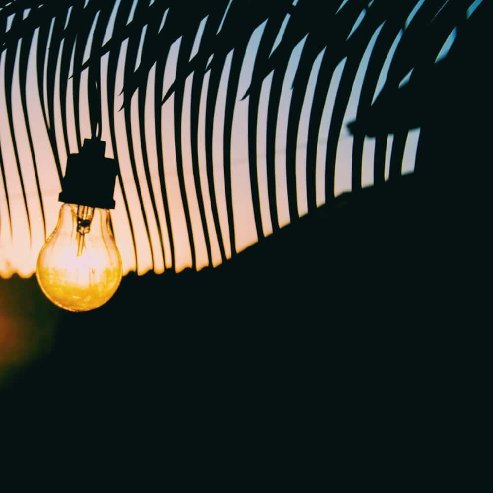Lit lightbulb hanging on a silhouette background