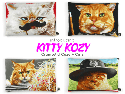4 cat graphic squares; text: introducing KITTY KOZY Cramp Aid Cozy + Cats