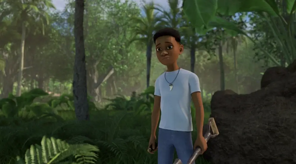 Darius standing next to dinosaur poo with a shovel and cologne