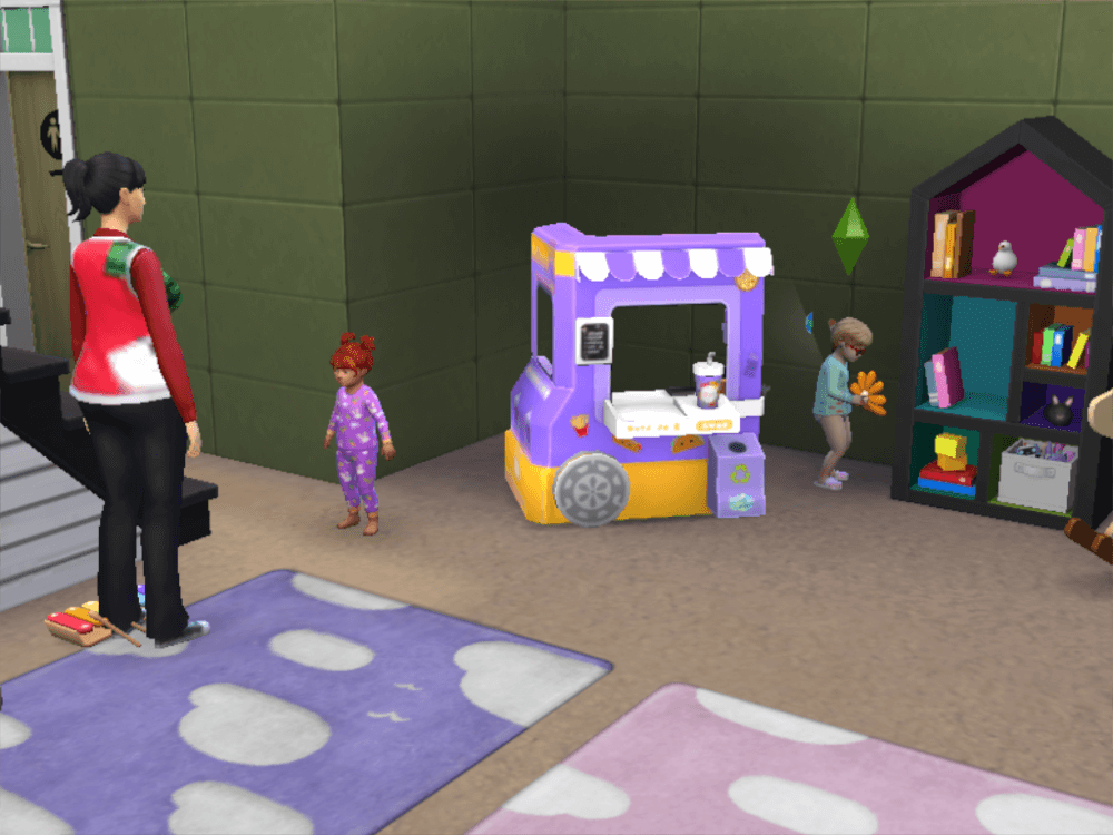 Two Sim toddlers and their nanny in the playroom ft. a food truck (toy)