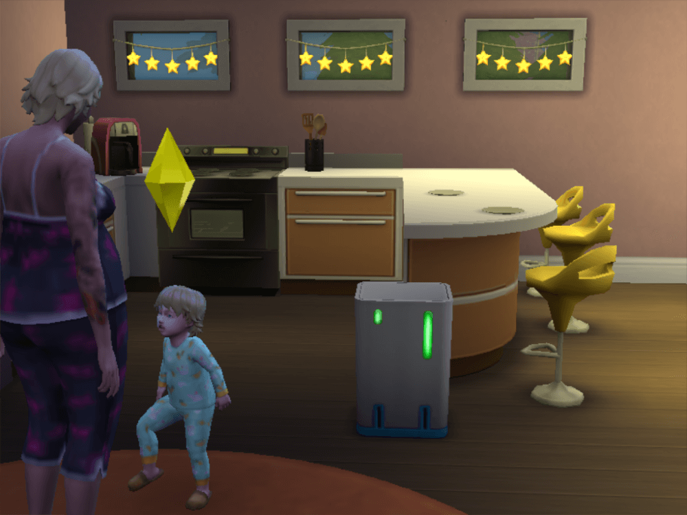 Theo, a toddler Sim, throws a tantrum by stomping his feet in front of his mother, Sage