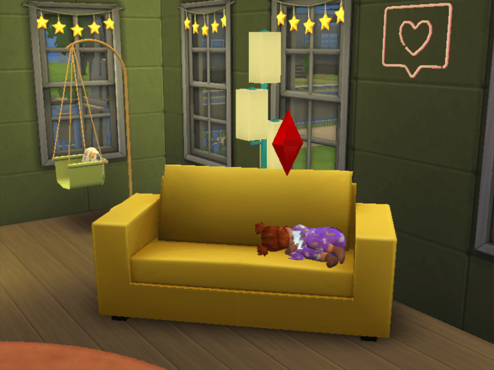Toddler Sim with red pigtails sleeping on a yellow loveseat with a red Plumbob