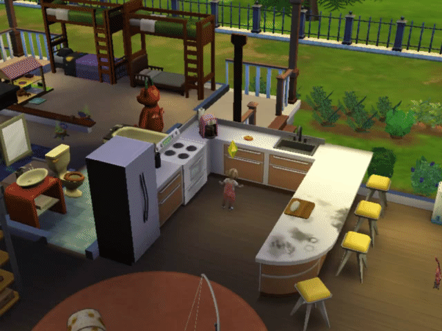 TS4 toddler grabbing a plate of food off the counter and walking over to eat it in her CC swing
