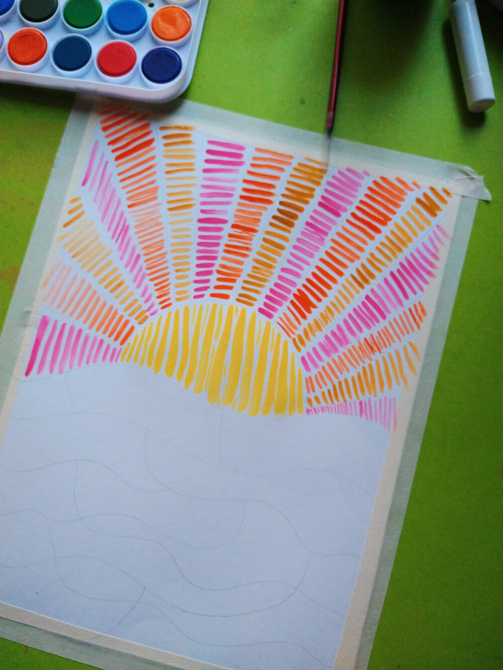 Watercolor painting ft. small vertical lines: wavy pencil sections drawn in pencil on bottom half; yellow lines in a semicircle sun with pink, orange and gold rays of lines