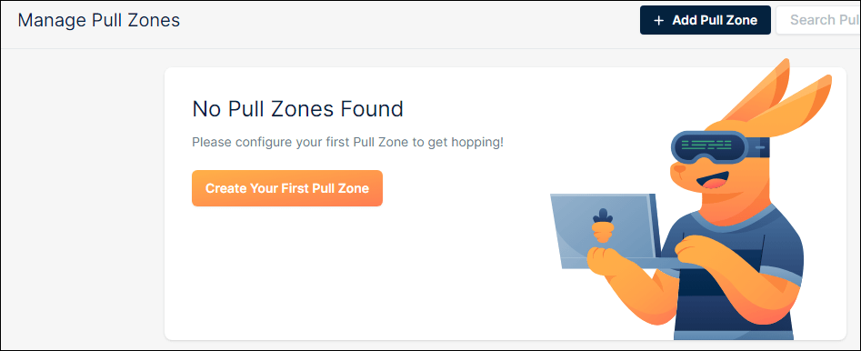 Bunny.net pullzones page: No pull zones found