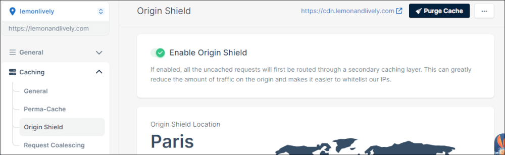 Bunny.net Origin Shield toggled ON