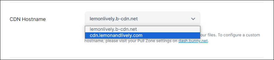 Bunny.net plugin CDN hostname dropdown with cdn.lemonandlively.com option highlighted