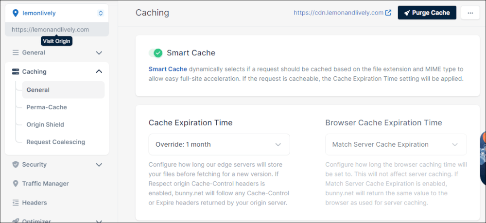 Bunny.net dashboard: Caching: Smart Cache toggled ON