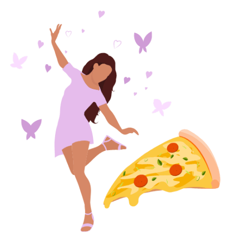 Brown-haired person in a purple dress surrounded by purple butterflies of different sizes jumping for joy with one foot kicked up, next to a pepperoni pizza (illustrated)